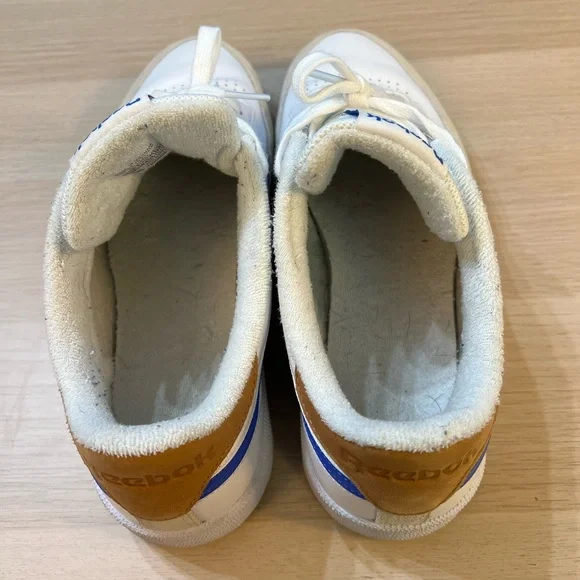 Reebok’s Retro Leather, White/Blue/Tan. Great casual shoes.